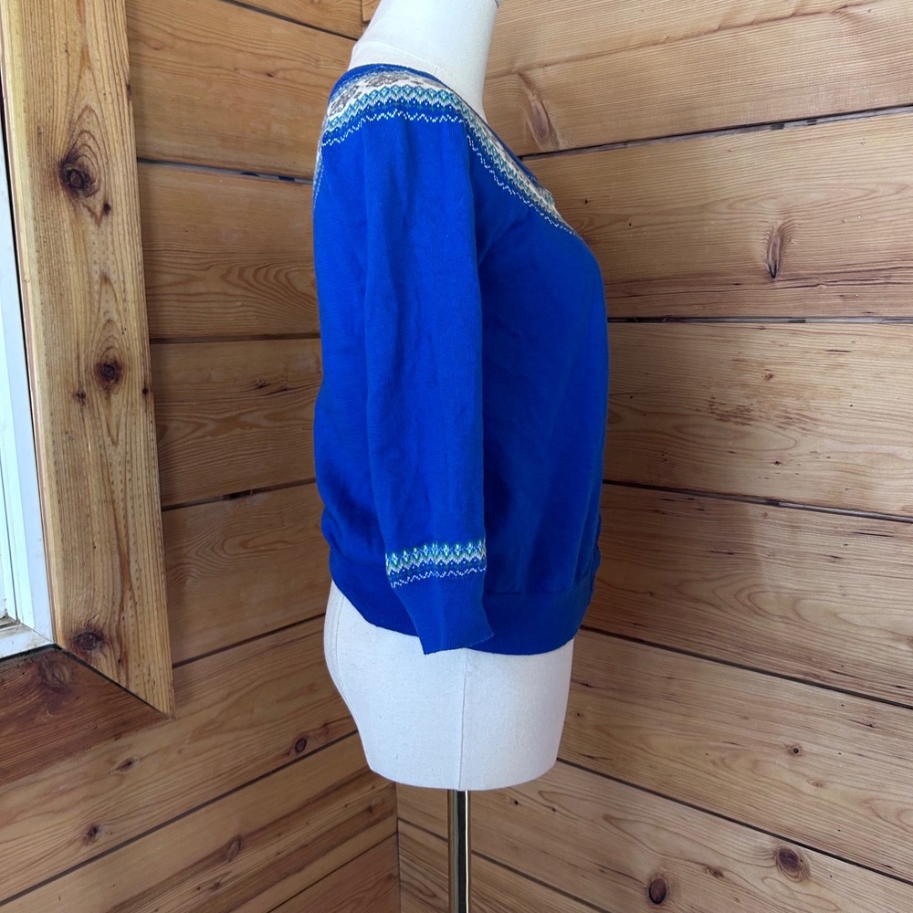 Vintage Silk Cashmere Fair Isle Cardigan Small Royal Blue Nordic Sweater Roots - Picture 4 of 9